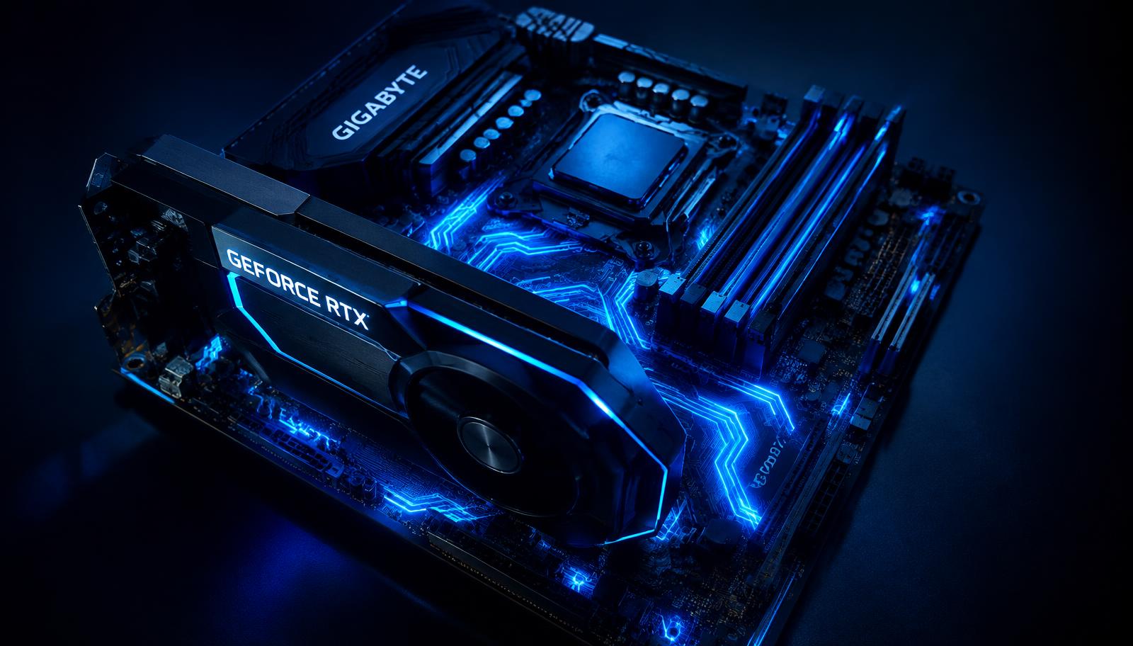 Graphics card installed on a motherboard with blue lighting